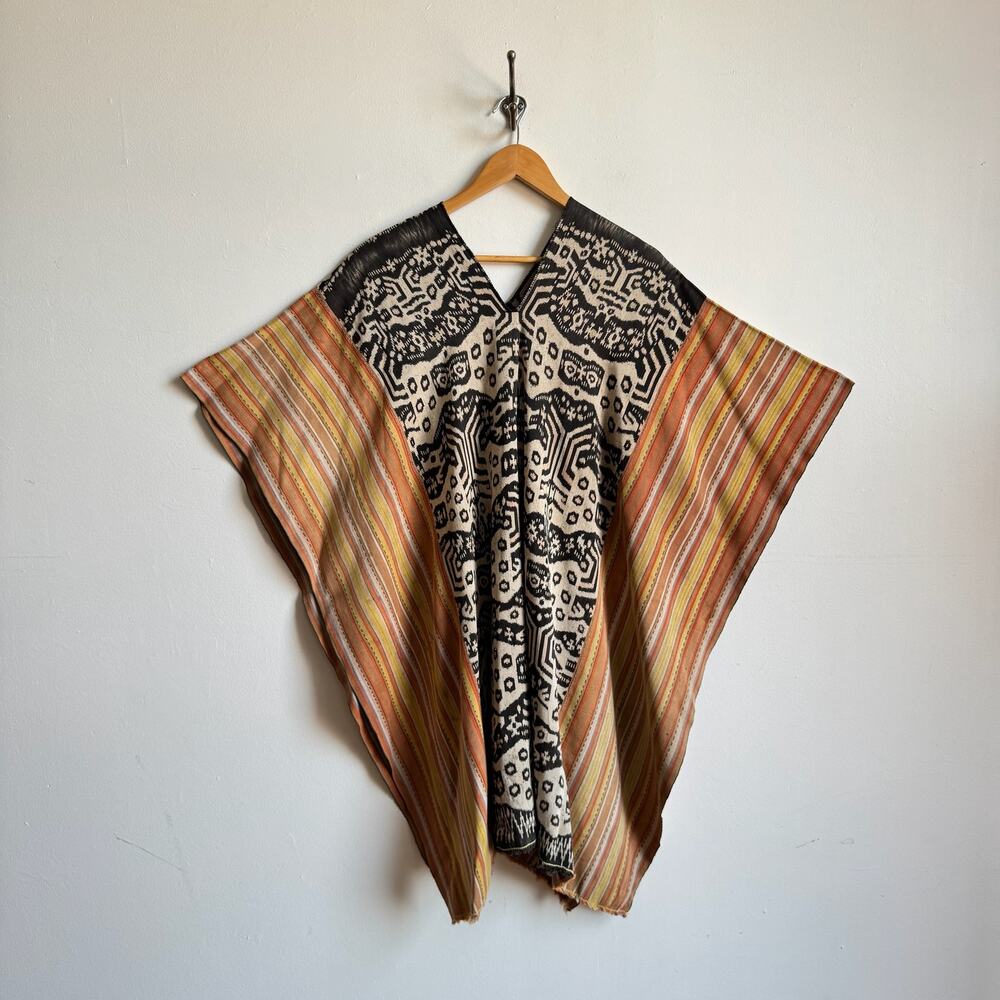 Vintage Hand Woven Distressed Andean Poncho w/ Orange Stripes & Geometric Center